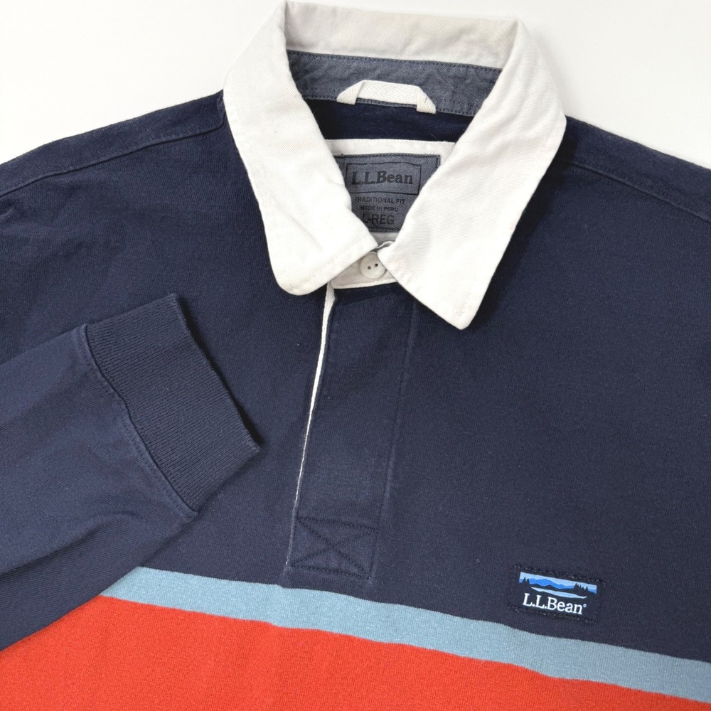 LL Bean Mens Large Rugby Shirt Navy Blue Red Colorblock Long Sleeve Cotton